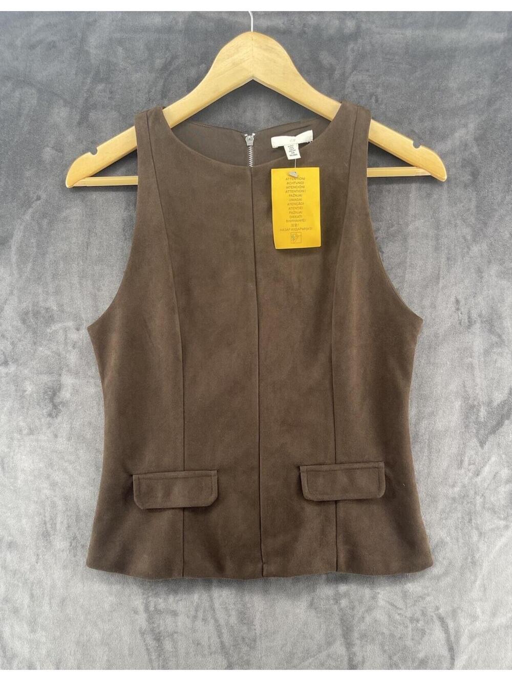NEW H&M Women’s Brown Faux Suede Sleeveless Top Blouse Back Zip Size S